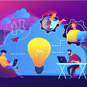 Hybrid Work Model: This illustration depicts four people working remotely with a large lightbulb in the centre.