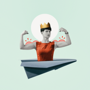 Lessons for Leaders and Leadership Myths: Lady in a paper aeroplane in a red dress, flexing muscles with a crown on her head