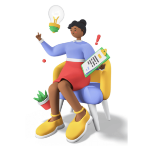 A lady in a chair with a light bulb hovering and a clipboard thinking about learning culture